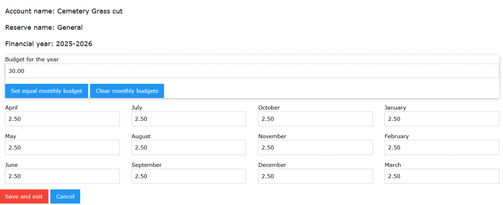 Budget entry screen setting values across period